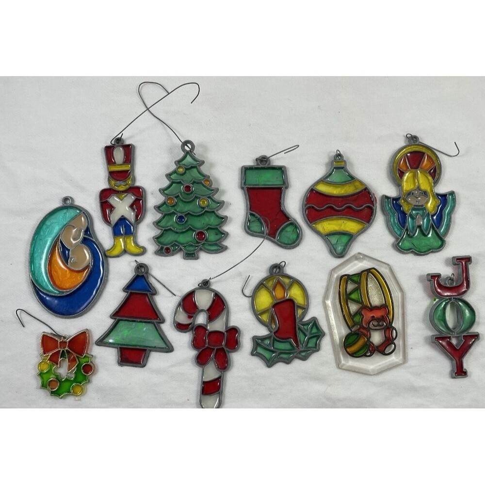 Christmas Suncatcher Faux Stained Glass Ornaments Lot of 12 Soldier Wreath Tree